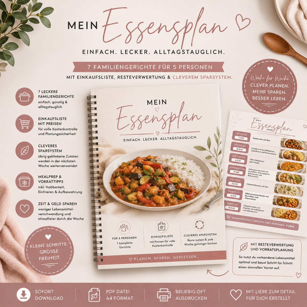 Mein Essensplan – Woche 1 | 7 Familiengerichte mit Einkaufsliste, Resteverwertung & cleverem Sparsystem