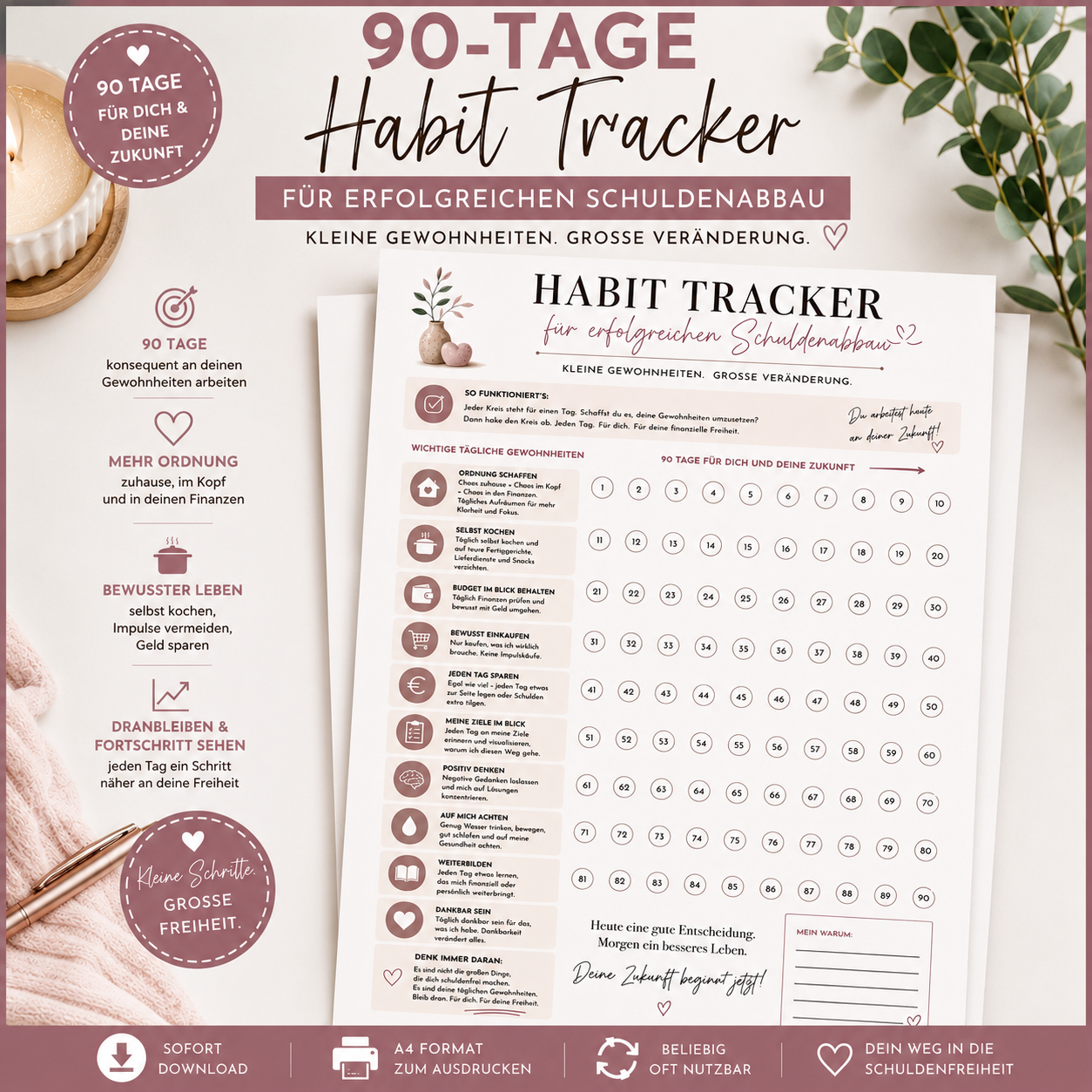 90-Tage Habit Tracker für erfolgreichen Schuldenabbau | Tägliche Gewohnheiten für mehr Ordnung, Fokus & finanzielle Freiheit