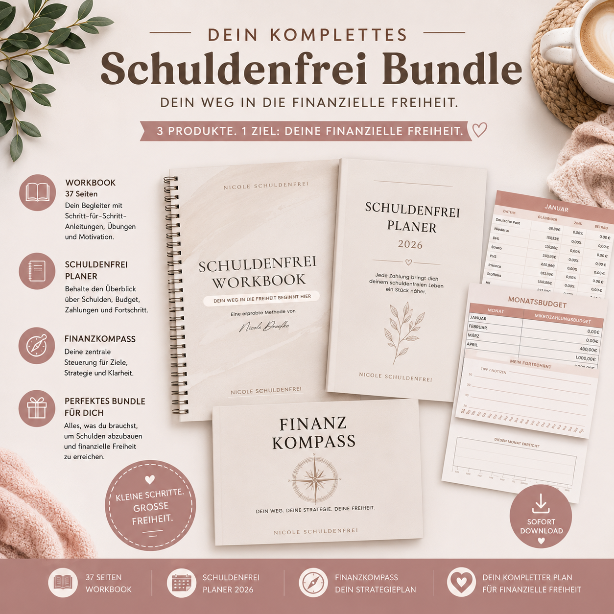 Schuldenfrei Bundle | Schuldenfreiplaner inkl. 37-seitigem Workbook & Finanzkompass