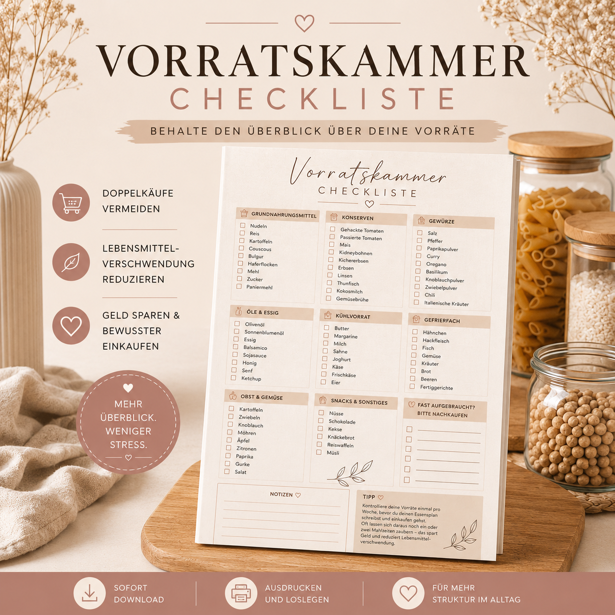 Vorratskammer-Checkliste | Vorräte organisieren, Lebensmittelverschwendung vermeiden & Geld sparen